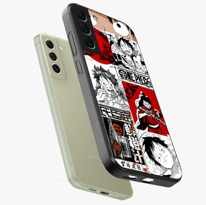 Strawhat Chaos Panels Glass Case displayed in angled mockup highlighting vibrant anime collage design with action aesthetic.