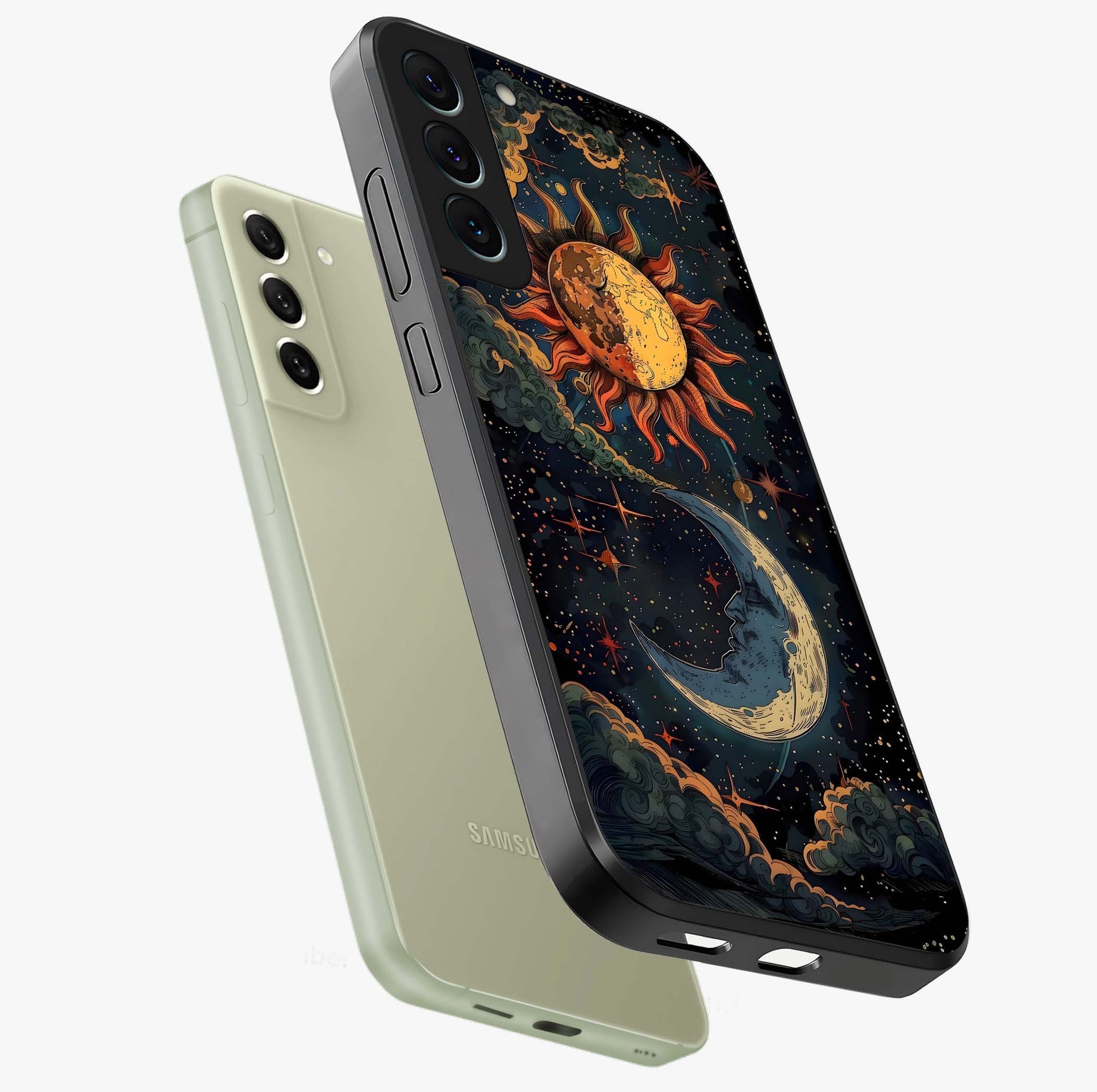 Sun And Moon Magic Design Glass Case displayed in angled mockup highlighting celestial design with magical cosmic aesthetic.