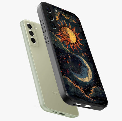 Sun And Moon Magic Design Glass Case displayed in angled mockup highlighting celestial design with magical cosmic aesthetic.