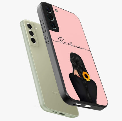 Sunflower Braid Beauty With Custom Name Glass Case displayed in angled mockup highlighting elegant sunflower design with custom name feature.