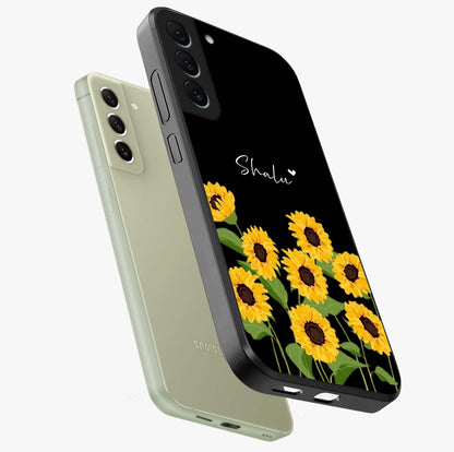 Sunflower Chic Mood Custom Name Glass Case displayed in angled mockup highlighting vibrant sunflower design with custom name feature.