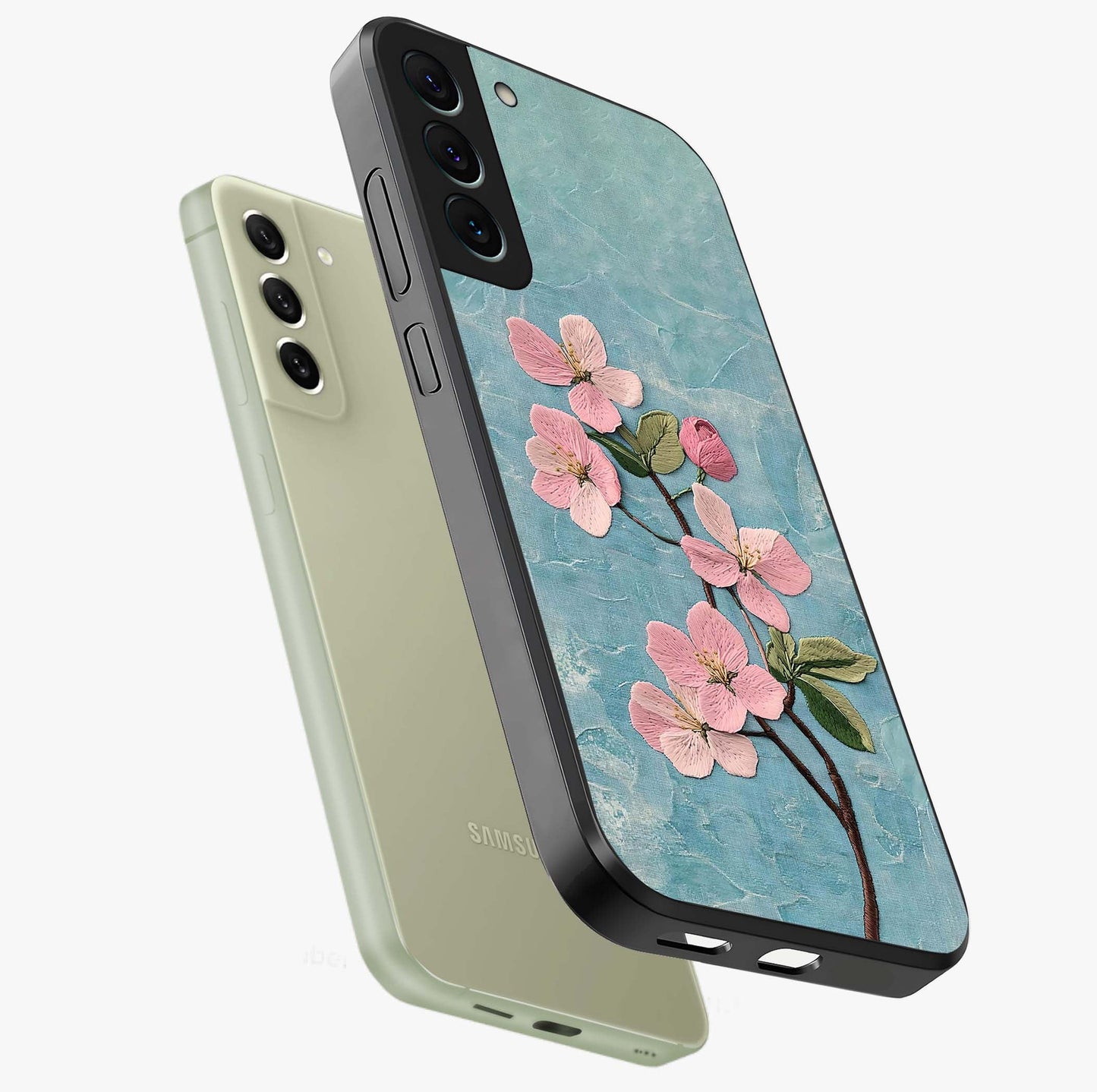 Threaded Blossom Breeze Glass Case displayed in angled mockup highlighting elegant floral design with soft aesthetic style.