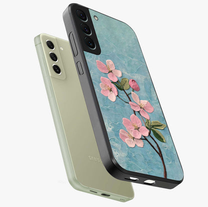Threaded Blossom Breeze Glass Case displayed in angled mockup highlighting elegant floral design with soft aesthetic style.