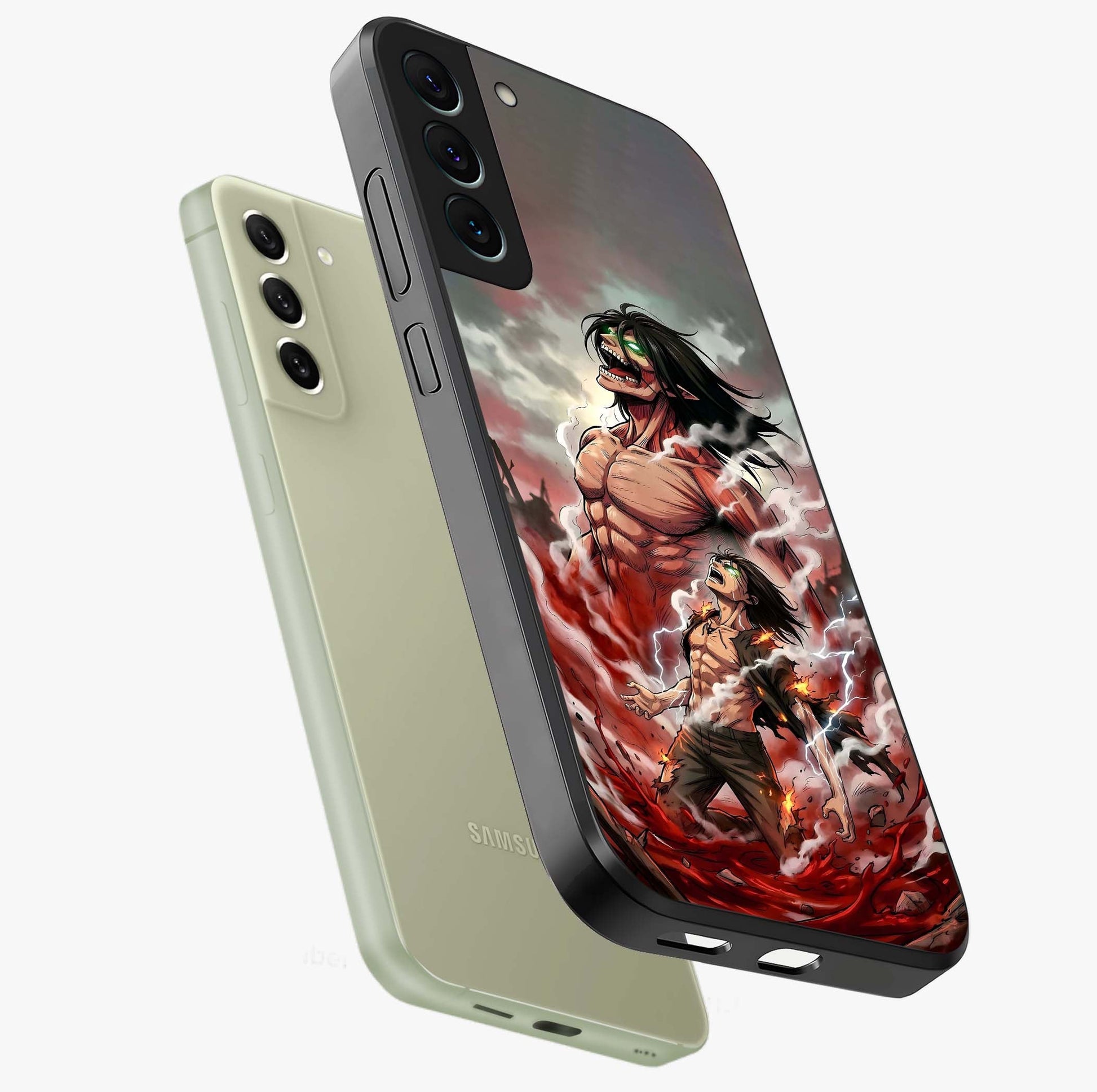 Titan Awakening Fury Glass Case displayed in angled mockup highlighting dramatic giant warrior design with bold anime aesthetic.