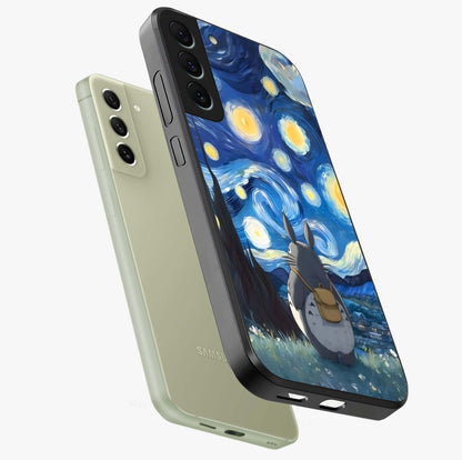 Totoro In Van Gogh Art Glass Case displayed in angled mockup highlighting artistic swirling sky design with playful animation aesthetic.