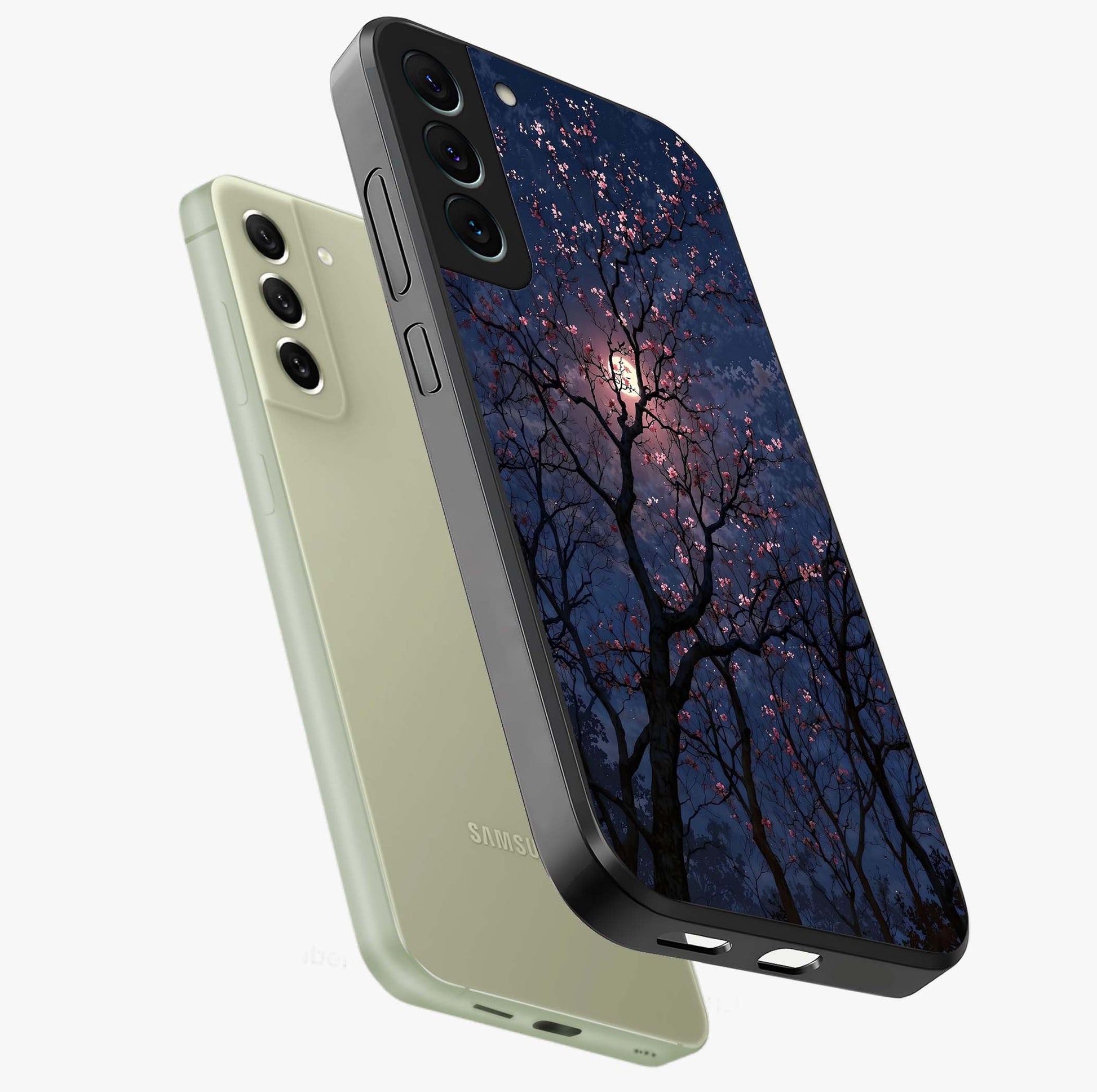 Twilight Sakura Serenade Glass Case displayed in angled mockup highlighting delicate sakura flower design with dreamy aesthetic.
