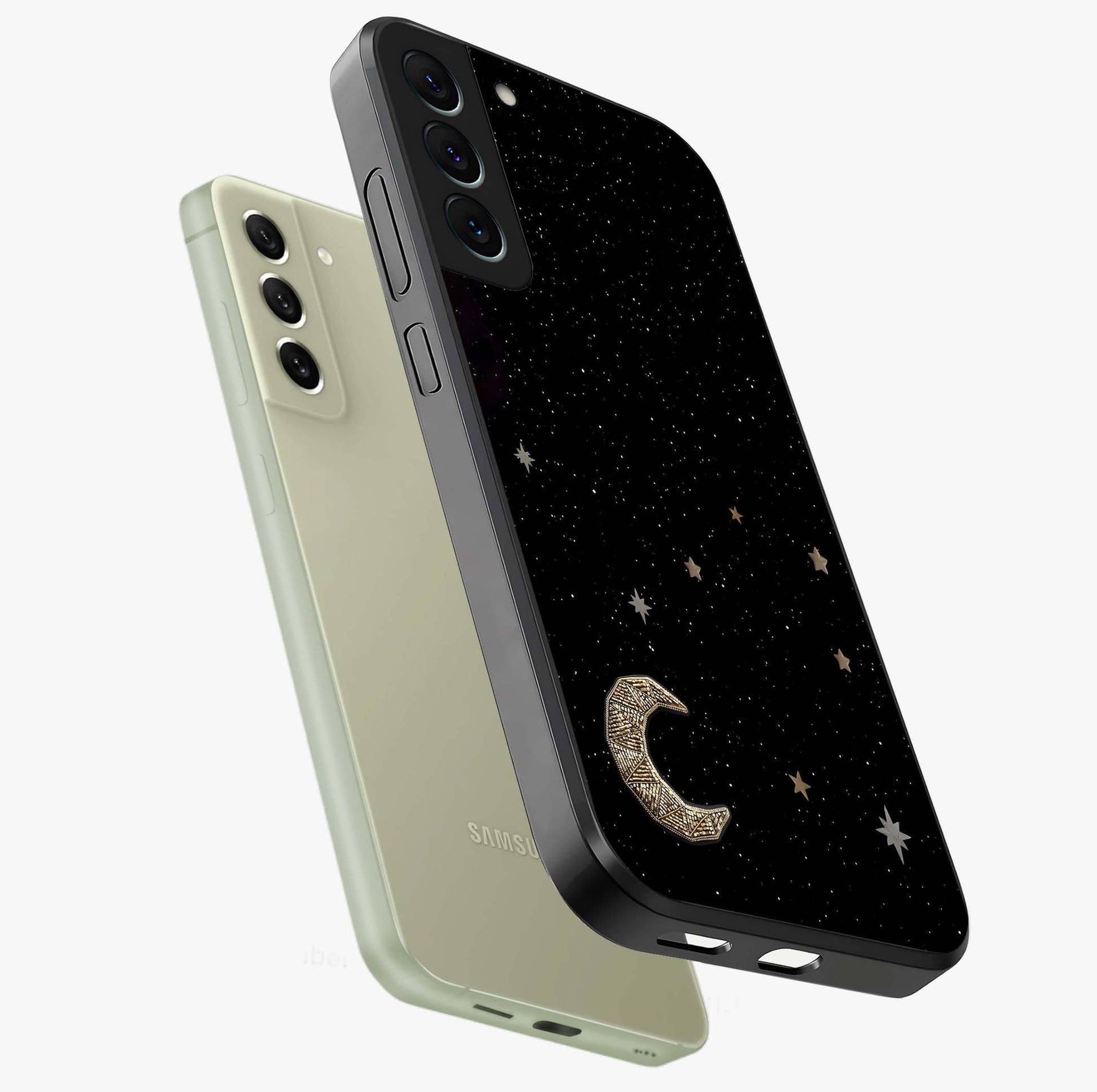 Twinkle Star With Half Moon Glass Case displayed in angled mockup highlighting celestial moon and star design with magical aesthetic.