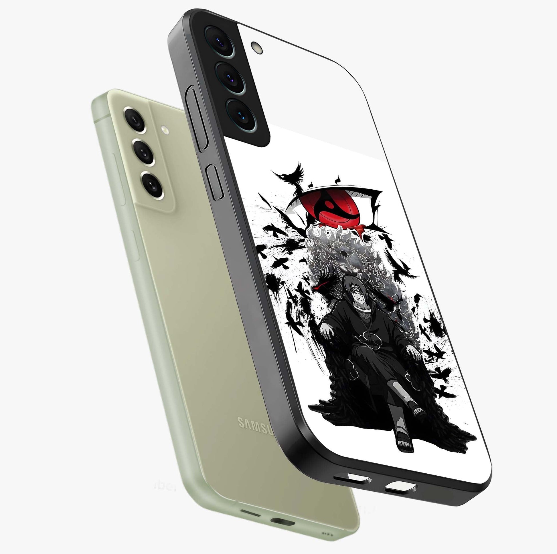 Uchiha Shadow Throne Glass Case displayed in angled mockup highlighting glowing aquatic design with celestial aesthetic.