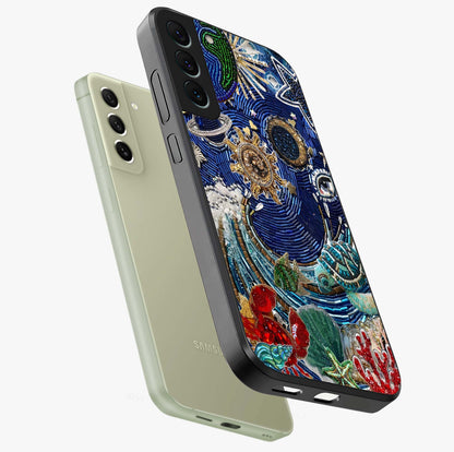 Universe Underwater Spark Glass Case displayed in angled mockup highlighting glowing aquatic design with celestial aesthetic.