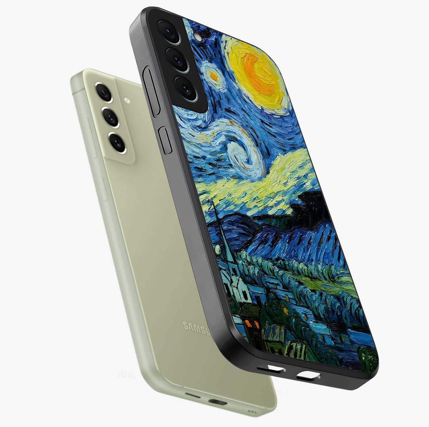 Van Gogh Art Glass Case displayed in angled mockup highlighting swirling brushstroke design with artistic aesthetic.