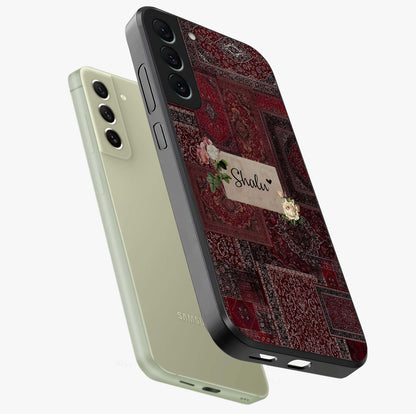 Velvet Wine Pattern Custom Name Glass Case displayed in angled mockup highlighting decorative velvet inspired design with custom name feature.