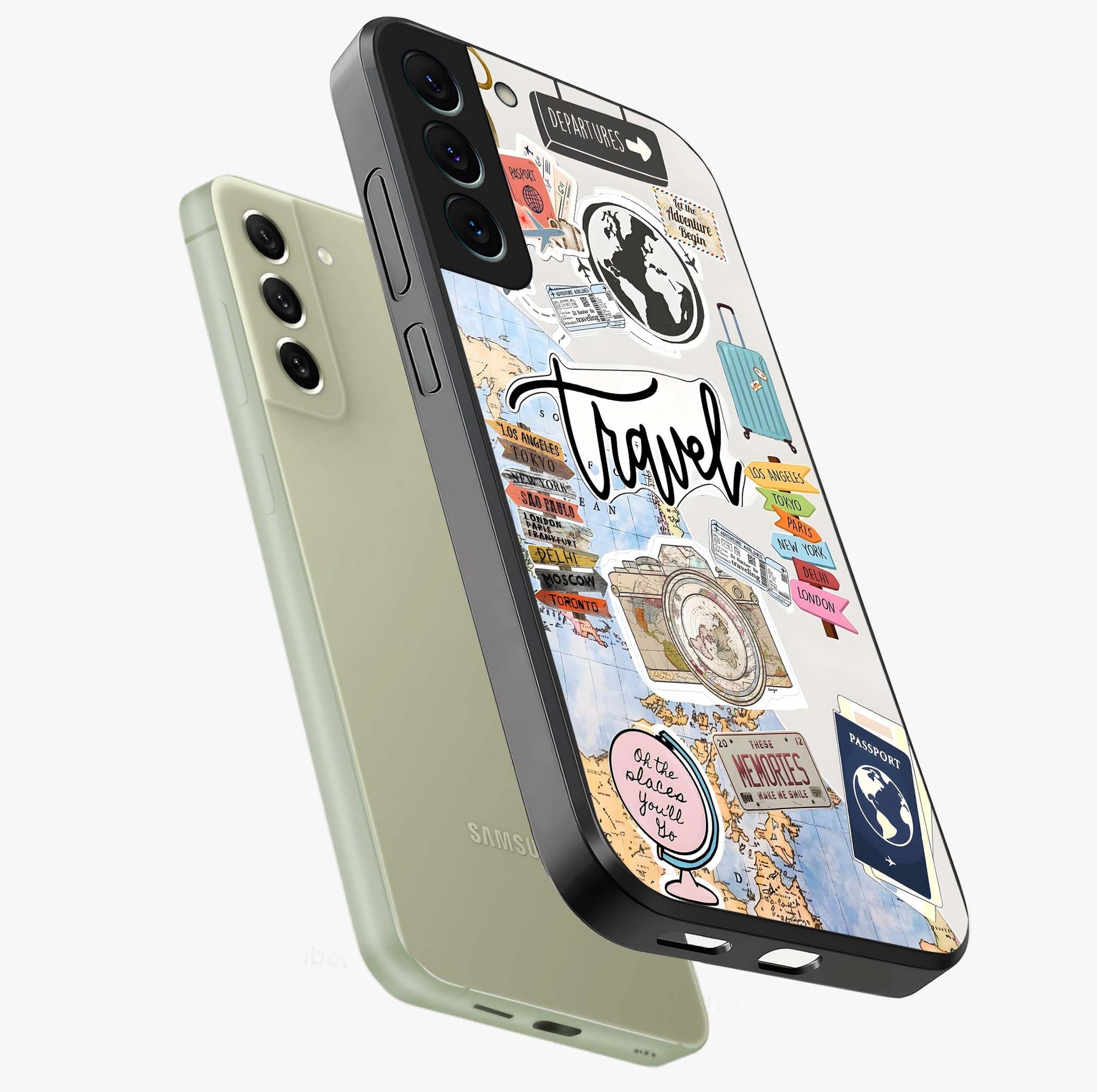 Wanderlust Journal Glass Case displayed in angled mockup highlighting adventure themed design with aesthetic travel vibe.