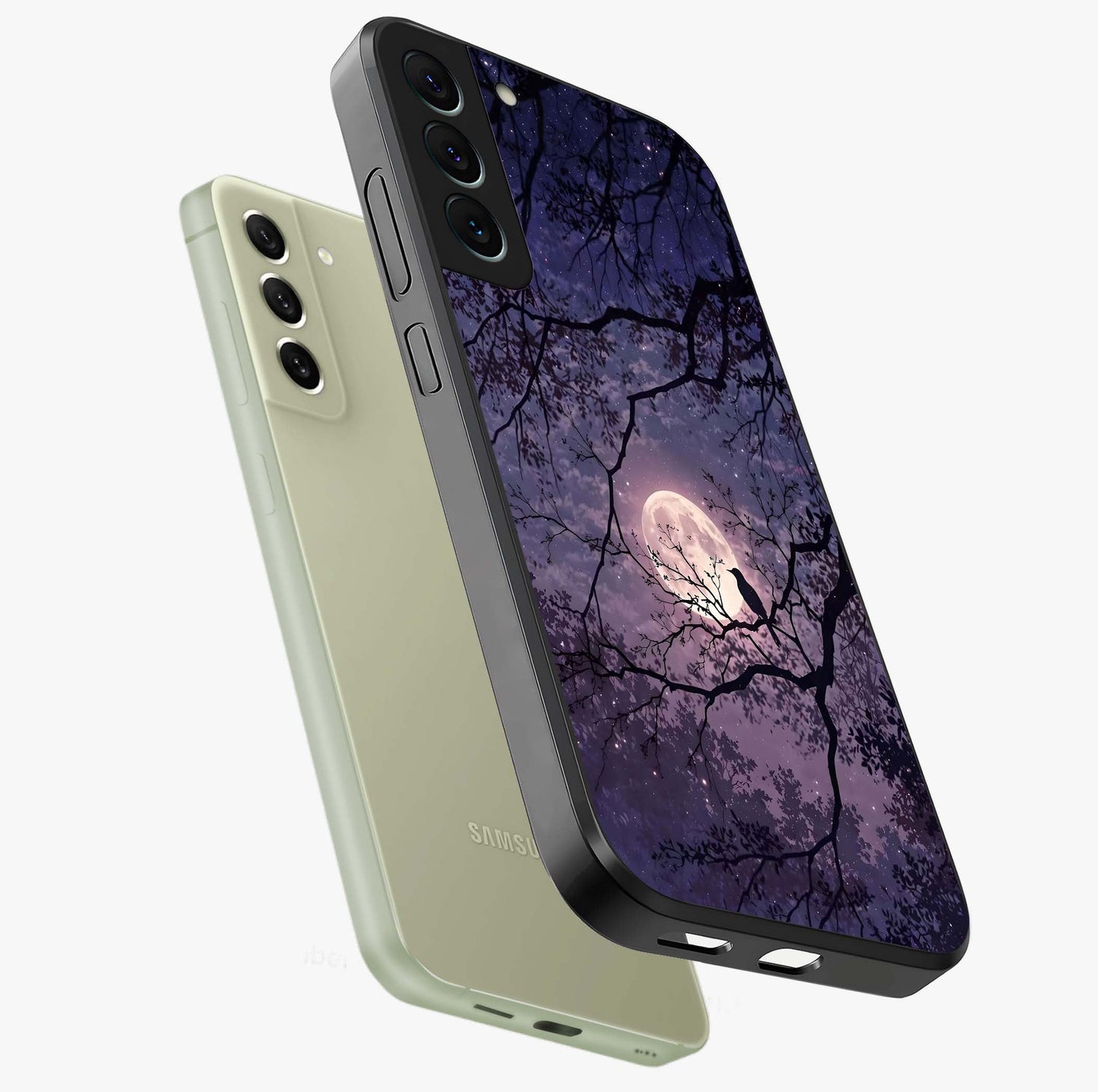 Whispering Moon Silence Glass Case displayed in angled mockup highlighting calm lunar design with dreamy night aesthetic.