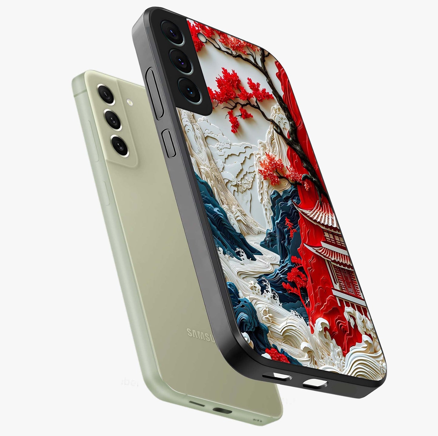 Whispers Of Sakura Waves Glass Case displayed in angled mockup highlighting flowing sakura design with soft floral aesthetic.