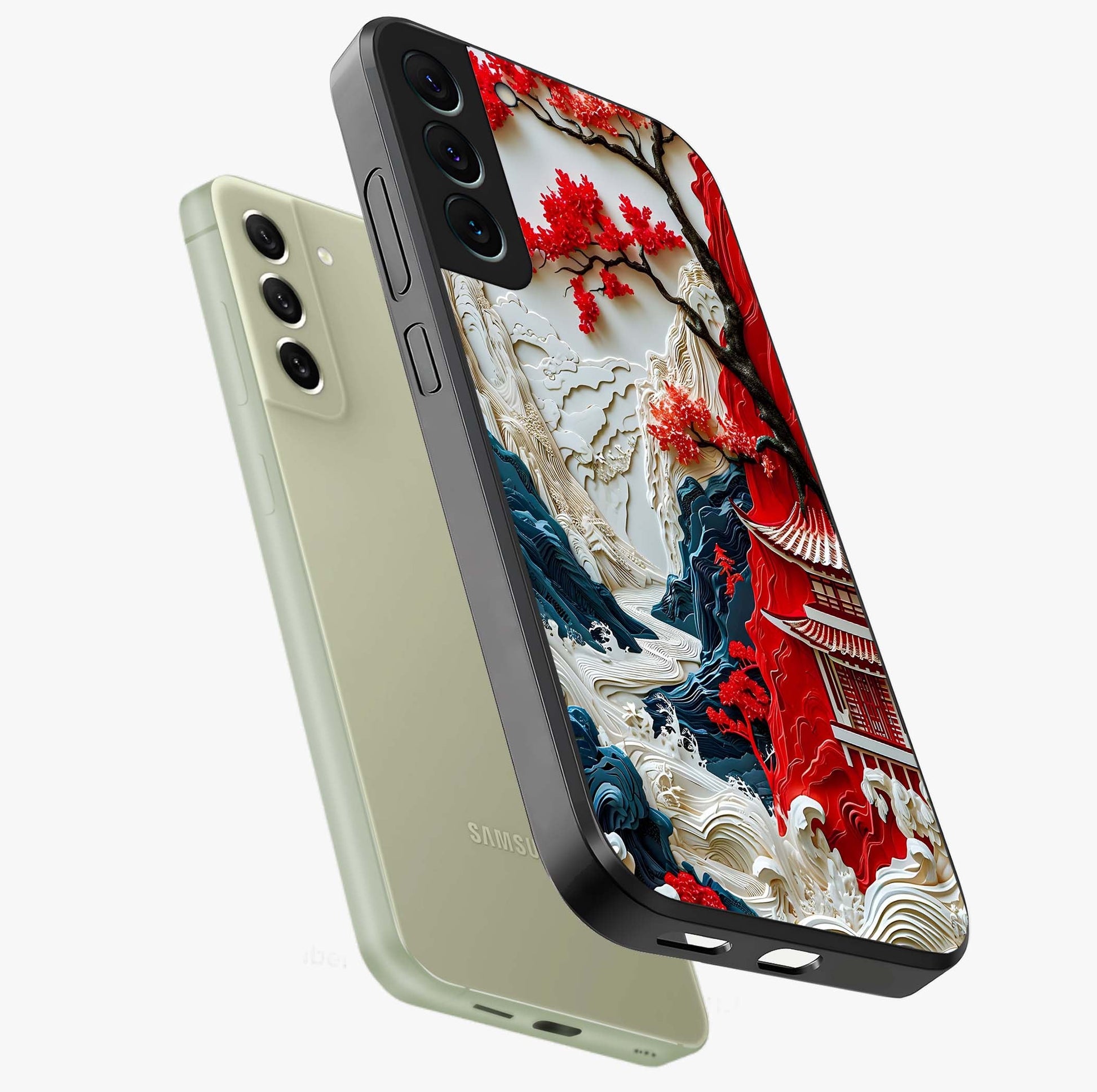 Whispers Of Sakura Waves Glass Case displayed in angled mockup highlighting flowing sakura design with soft floral aesthetic.