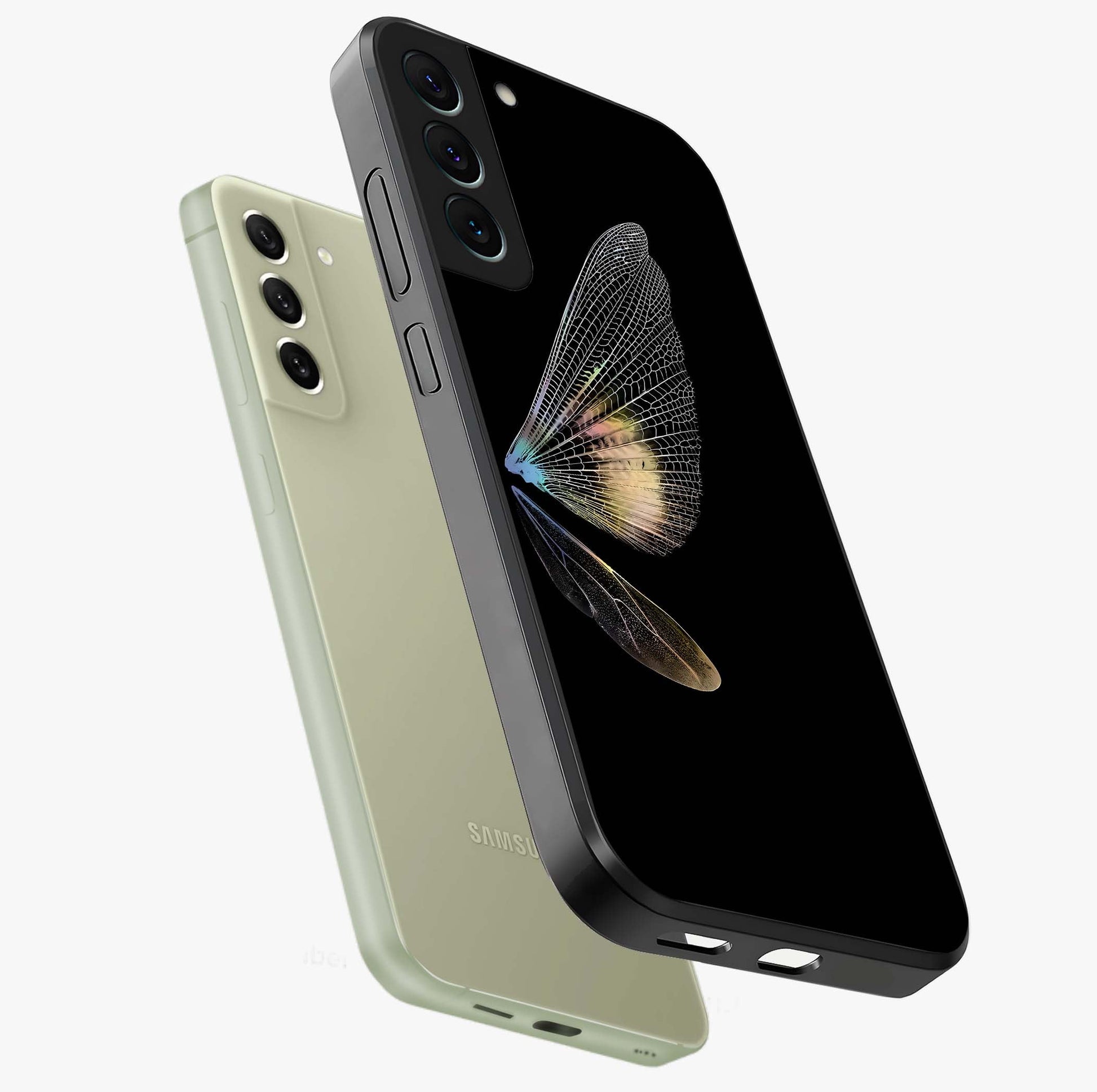 Whispers Of Wings Glass Case displayed in angled mockup highlighting soft feather design with celestial aesthetic style.