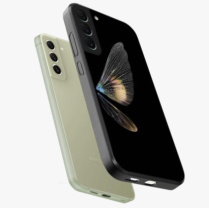 Whispers Of Wings Glass Case displayed in angled mockup highlighting soft feather design with celestial aesthetic style.