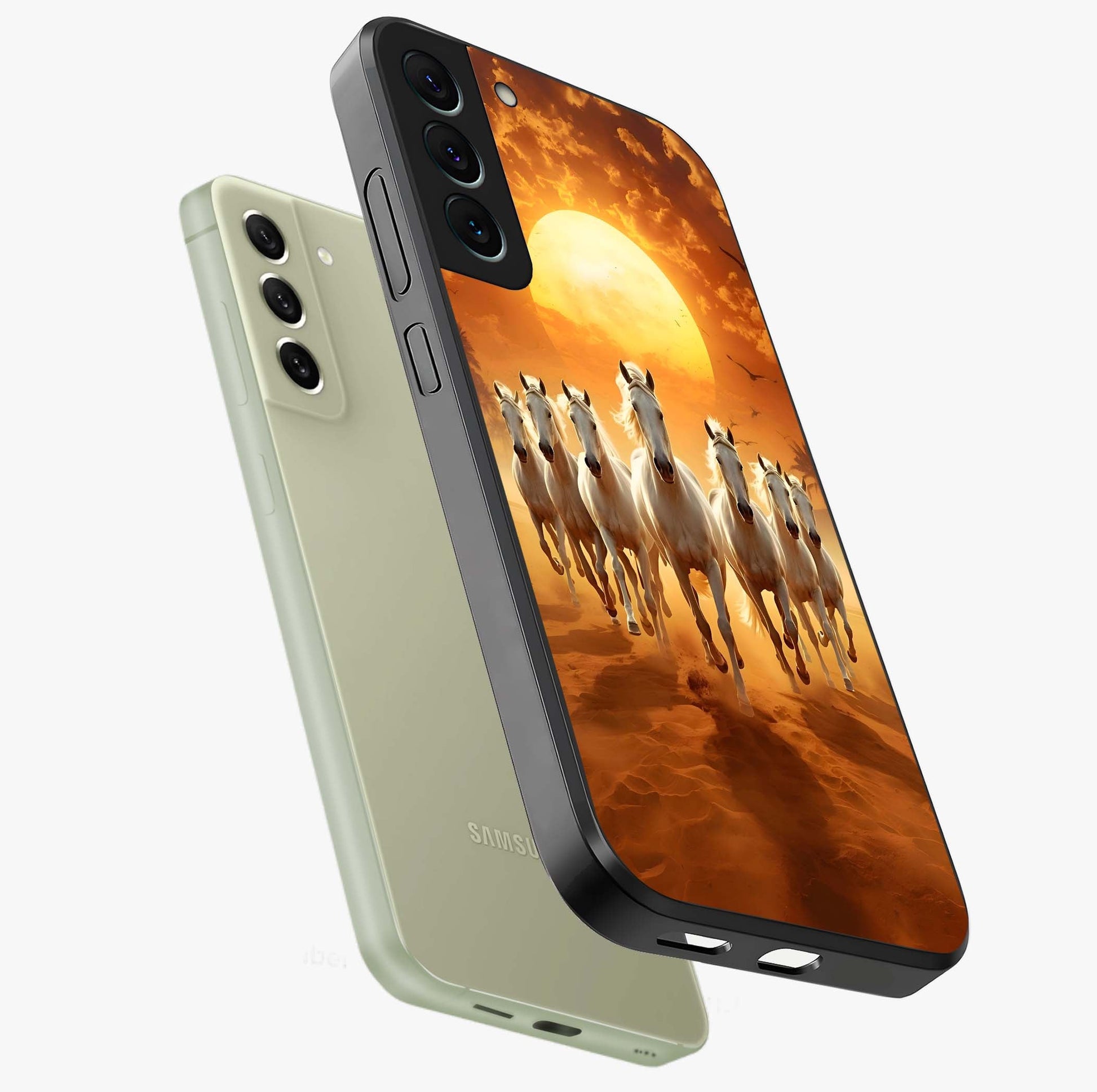 Wild Sunset Majesty Glass Case displayed in angled mockup highlighting vibrant sunset sky design with scenic aesthetic.