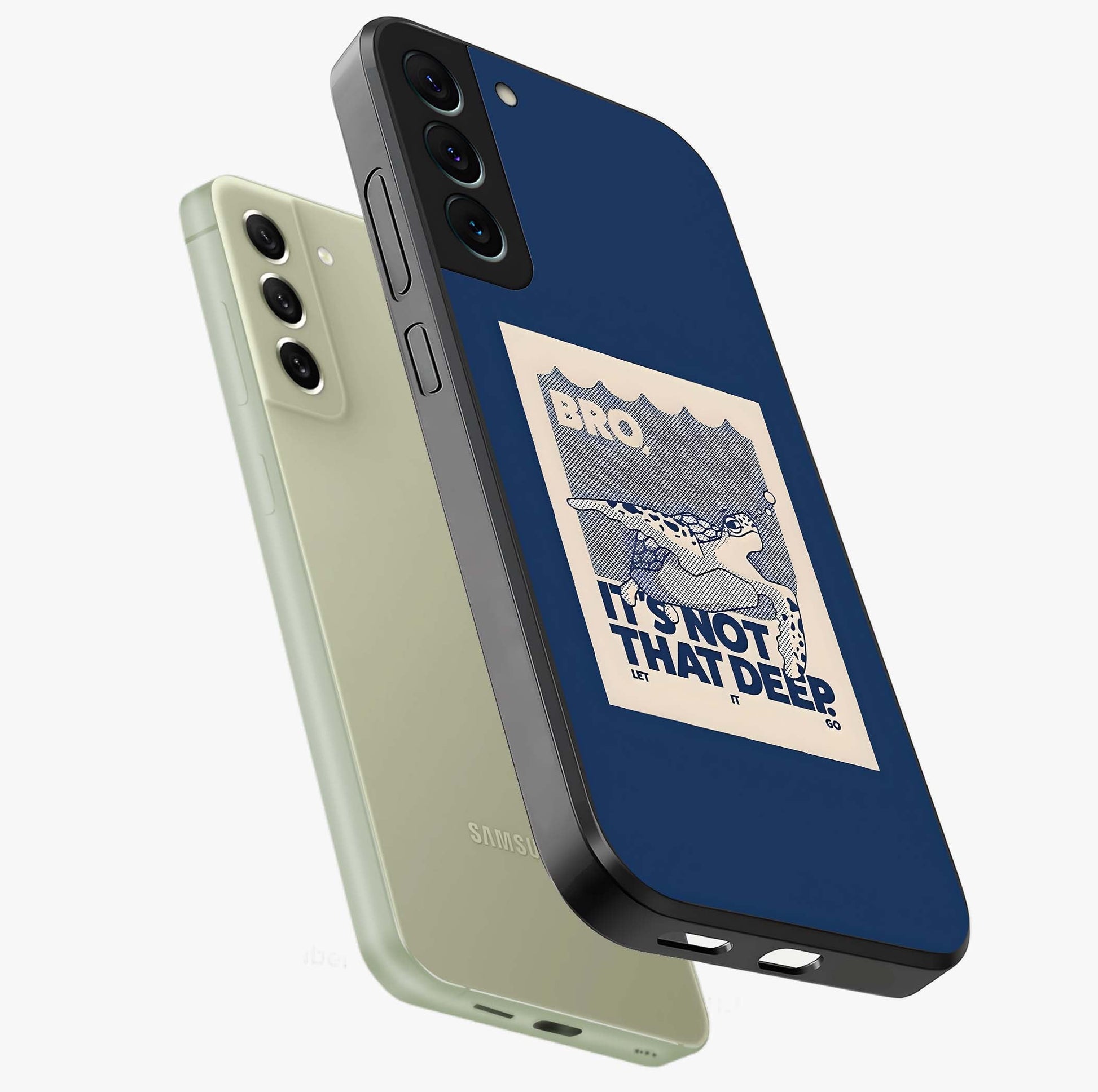 Worry Less Swim Glass Case displayed in angled mockup highlighting fun typography design with relaxed aesthetic style.