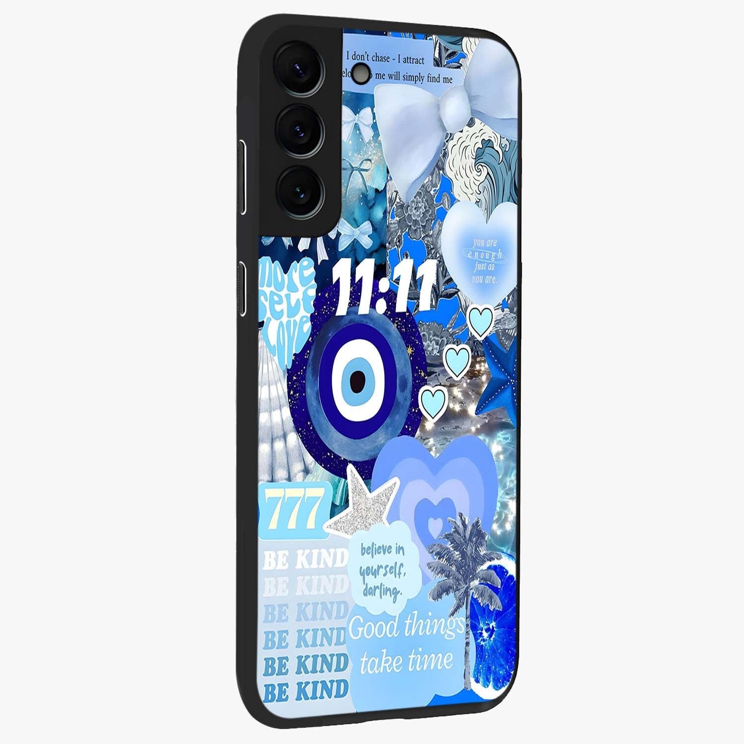 Aesthetic Be Kind Eye Glass Case upright view showcasing stylish eye illustration with positive message theme.