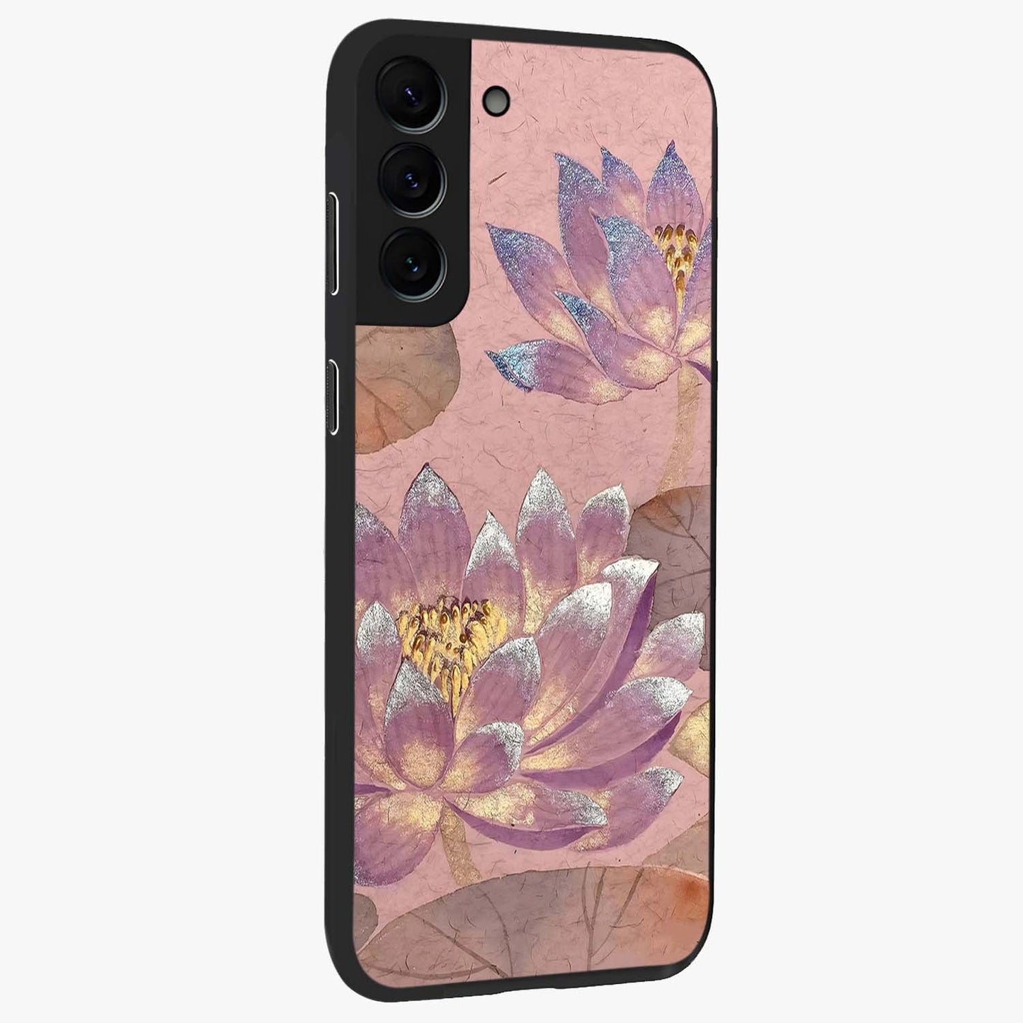 Blossom Mist Lotus Glass Case upright view showcasing graceful lotus flower design with peaceful botanical style.