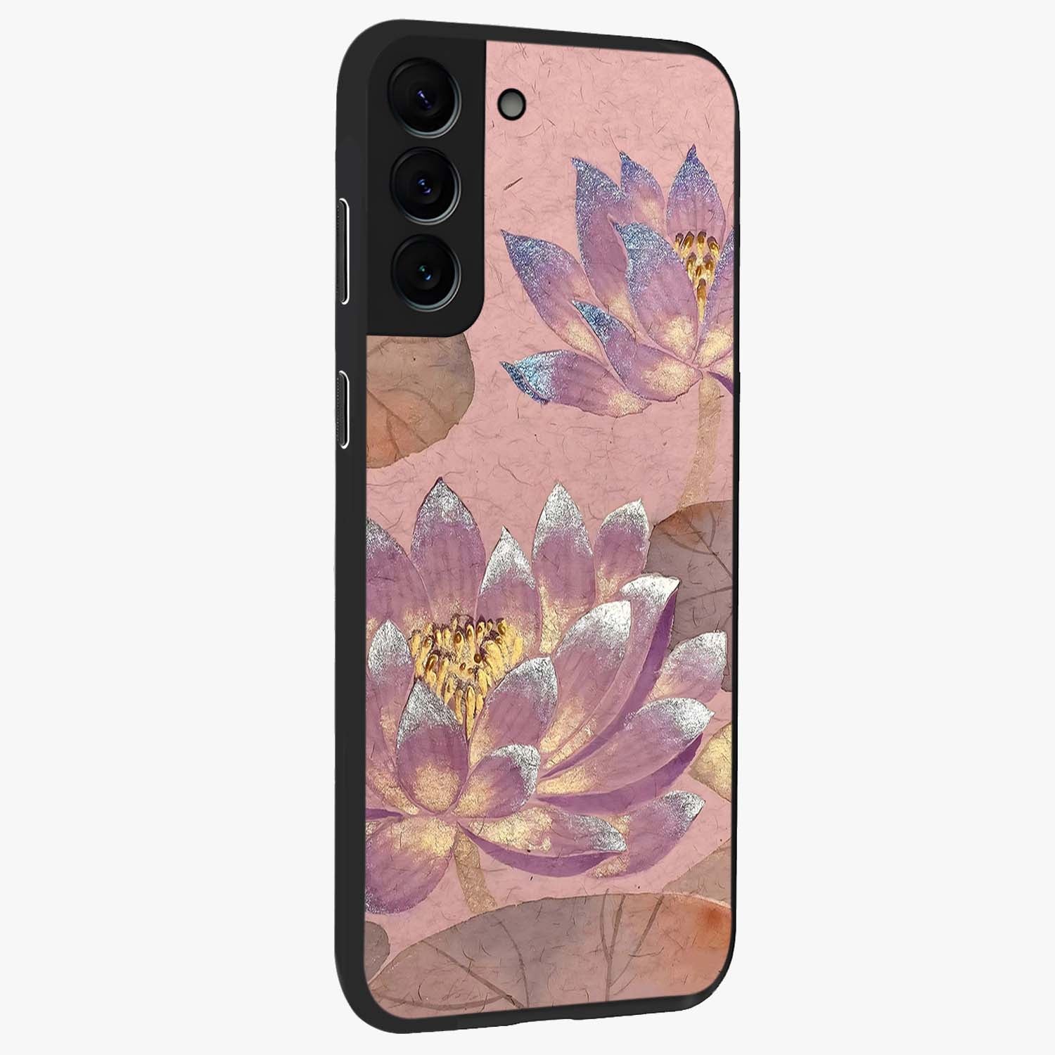 Blossom Mist Lotus Glass Case upright view showcasing graceful lotus flower design with peaceful botanical style.