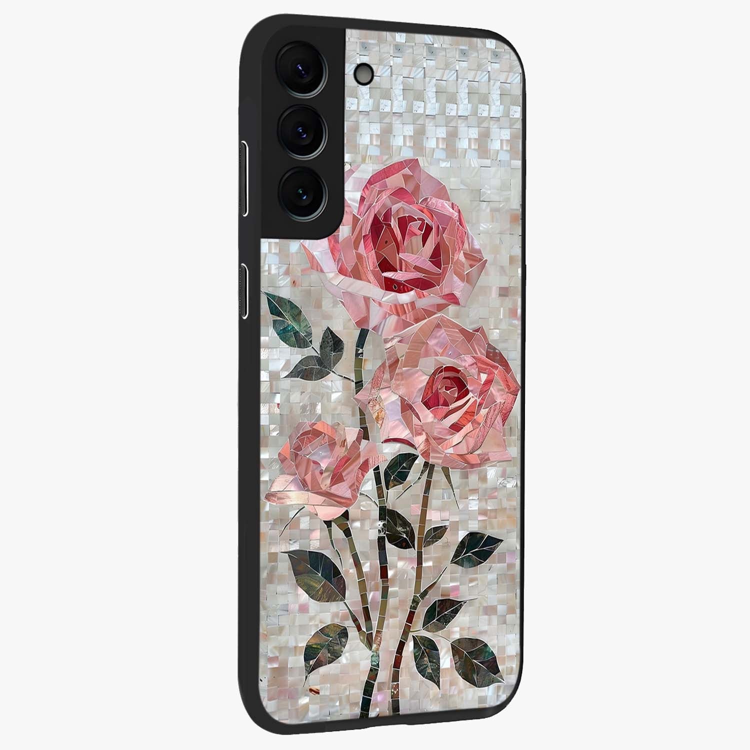 Blush Mosaic Bloom Glass Case upright view showcasing decorative floral mosaic artwork with stylish modern aesthetic.