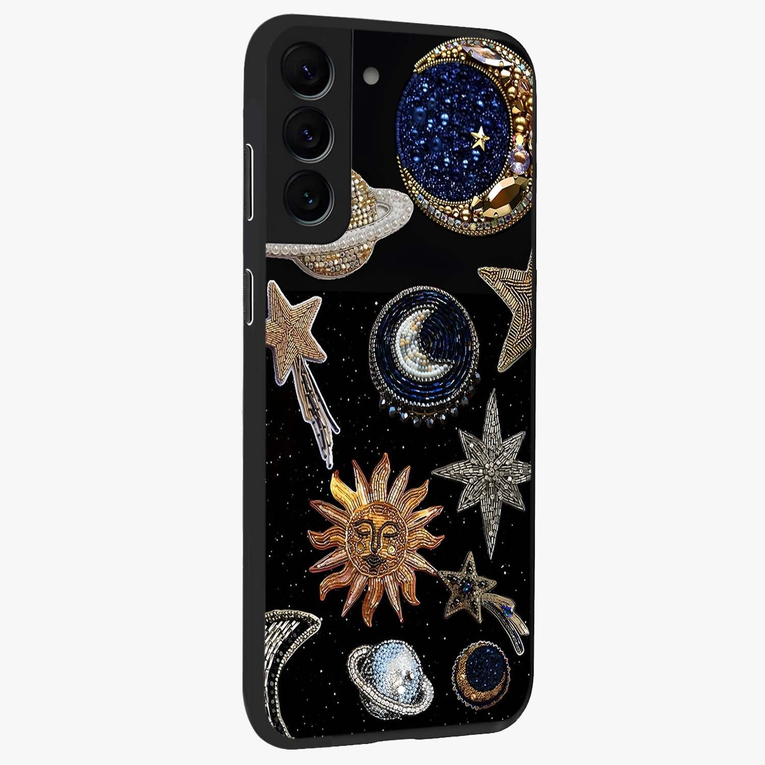 Celestial Gem Constellations Glass Case upright view showcasing cosmic constellation artwork with celestial aesthetic style.