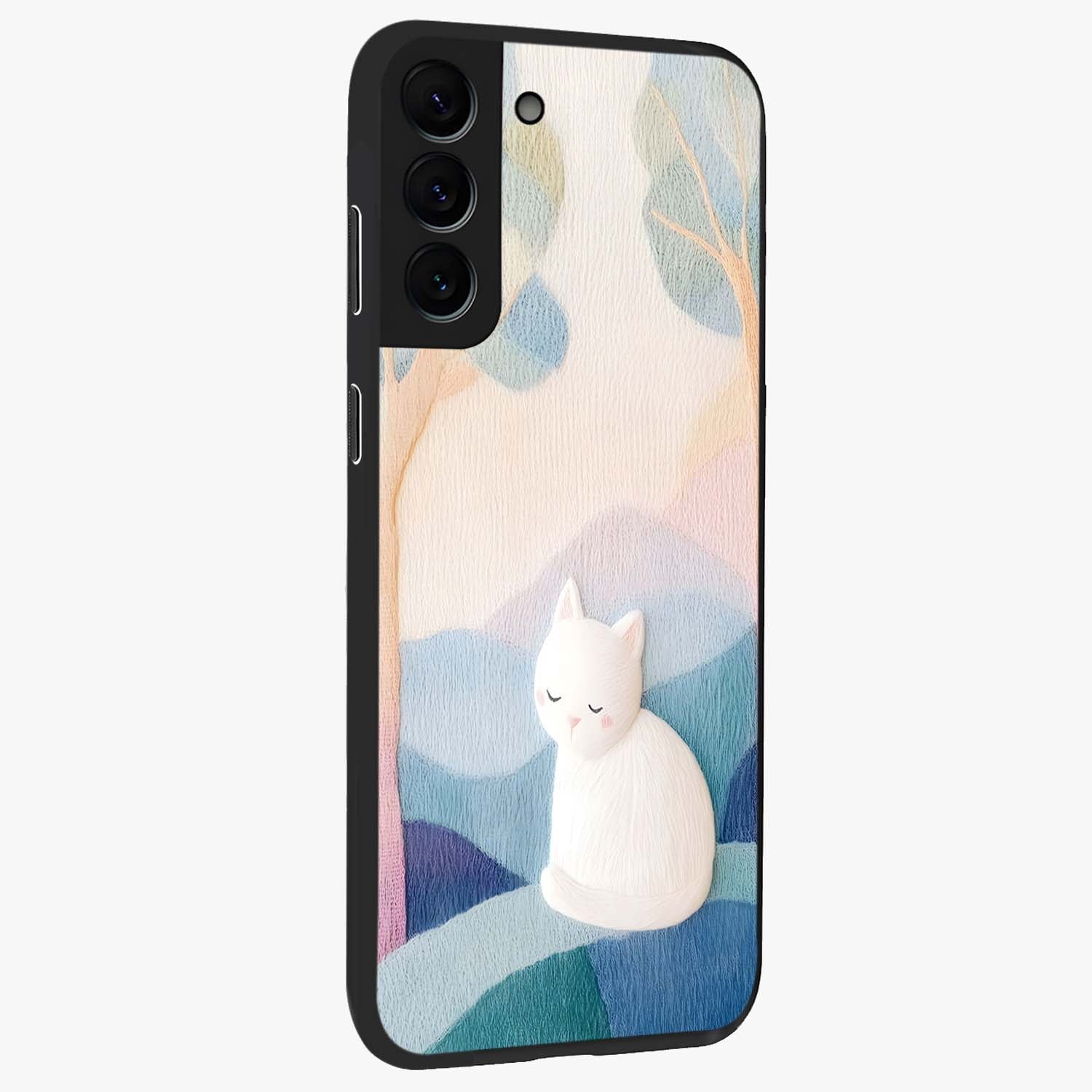 Cotton Dream Cat Glass Case upright view showcasing charming cat artwork with cozy dreamy theme.