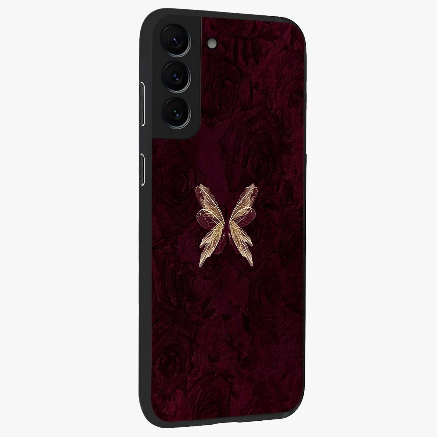 Crimson Fade Butterfly Glass Case upright view showcasing graceful butterfly artwork with soft crimson fade effect.