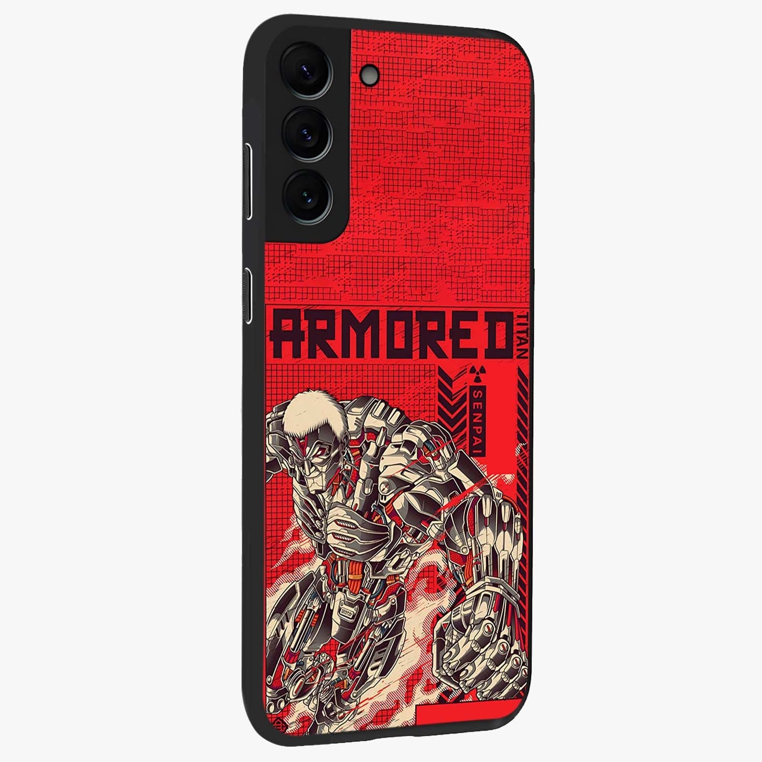 Crimson Mecha Titan Glass Case upright view showcasing dynamic robotic titan design with sci-fi inspired theme.