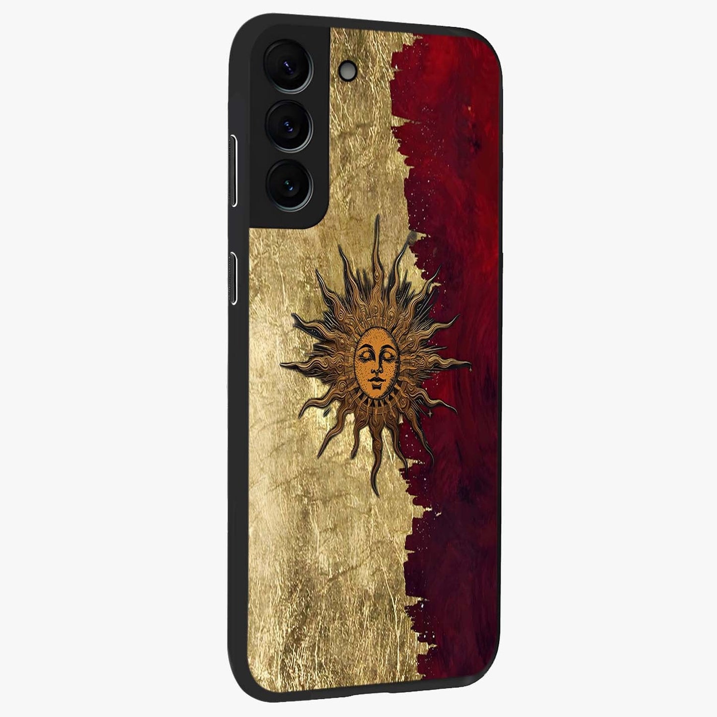 Crimson Sun Majesty Glass Case upright view showcasing vibrant sun artwork with powerful celestial theme.