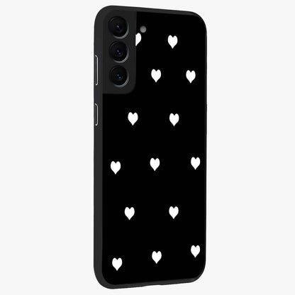 Cute And Simple White Hearts Glass Case upright view showcasing simple white hearts artwork with soft minimal theme.