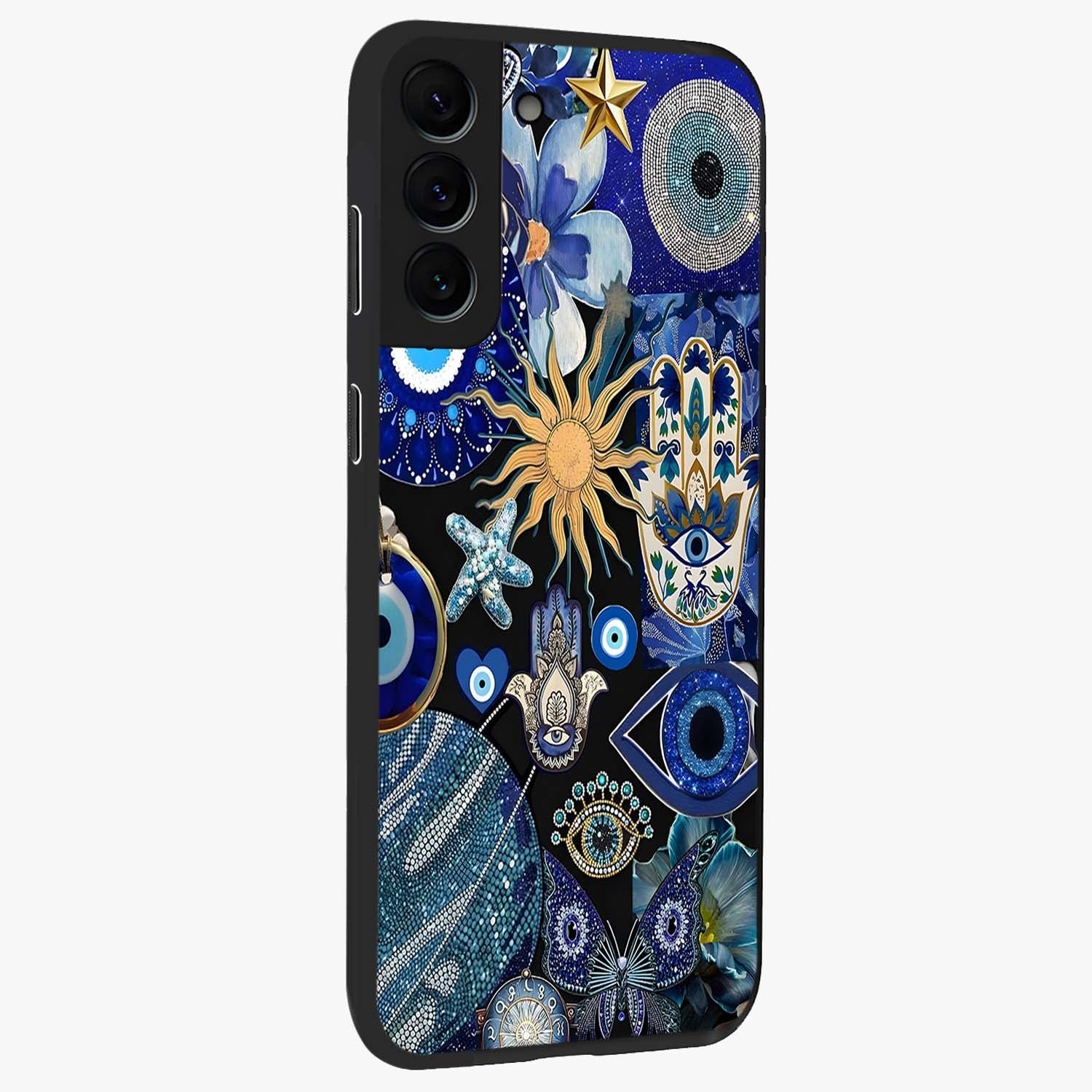 Evil Eye Charm Mix Glass Case upright view showcasing mystical evil eye pattern with vibrant decorative style.