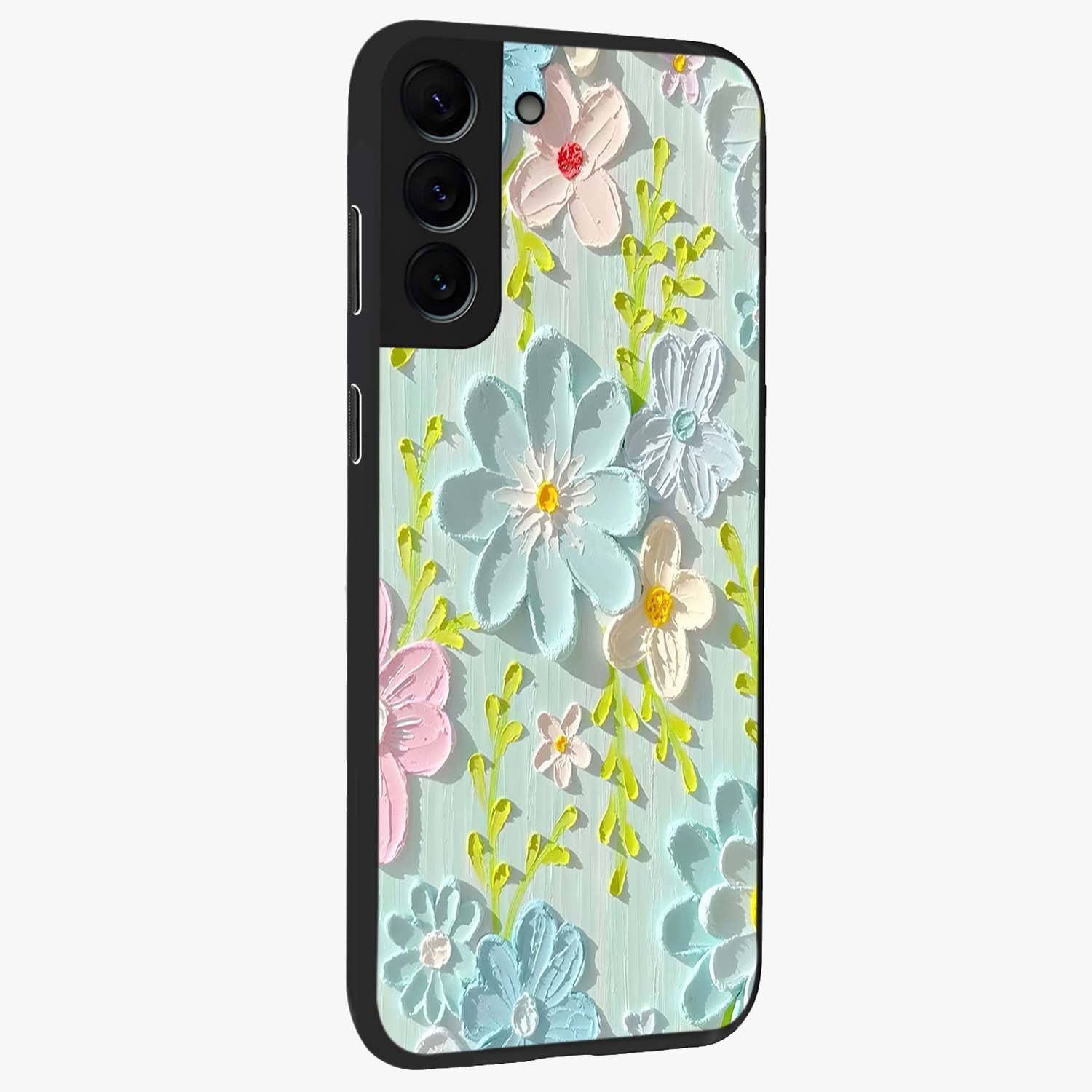Frosted Petal Garden Glass Case upright view showcasing elegant floral garden artwork with soothing pastel theme.