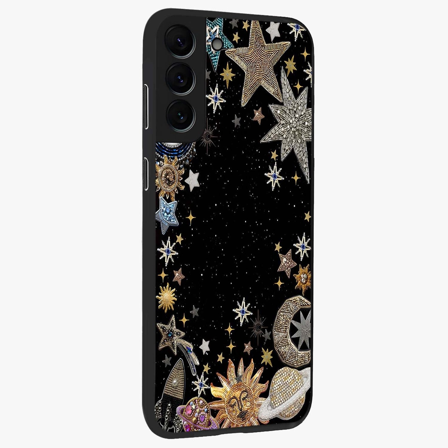 Galactic Jewel Stars Glass Case upright view showcasing glittering star jewel artwork with vibrant galaxy theme.