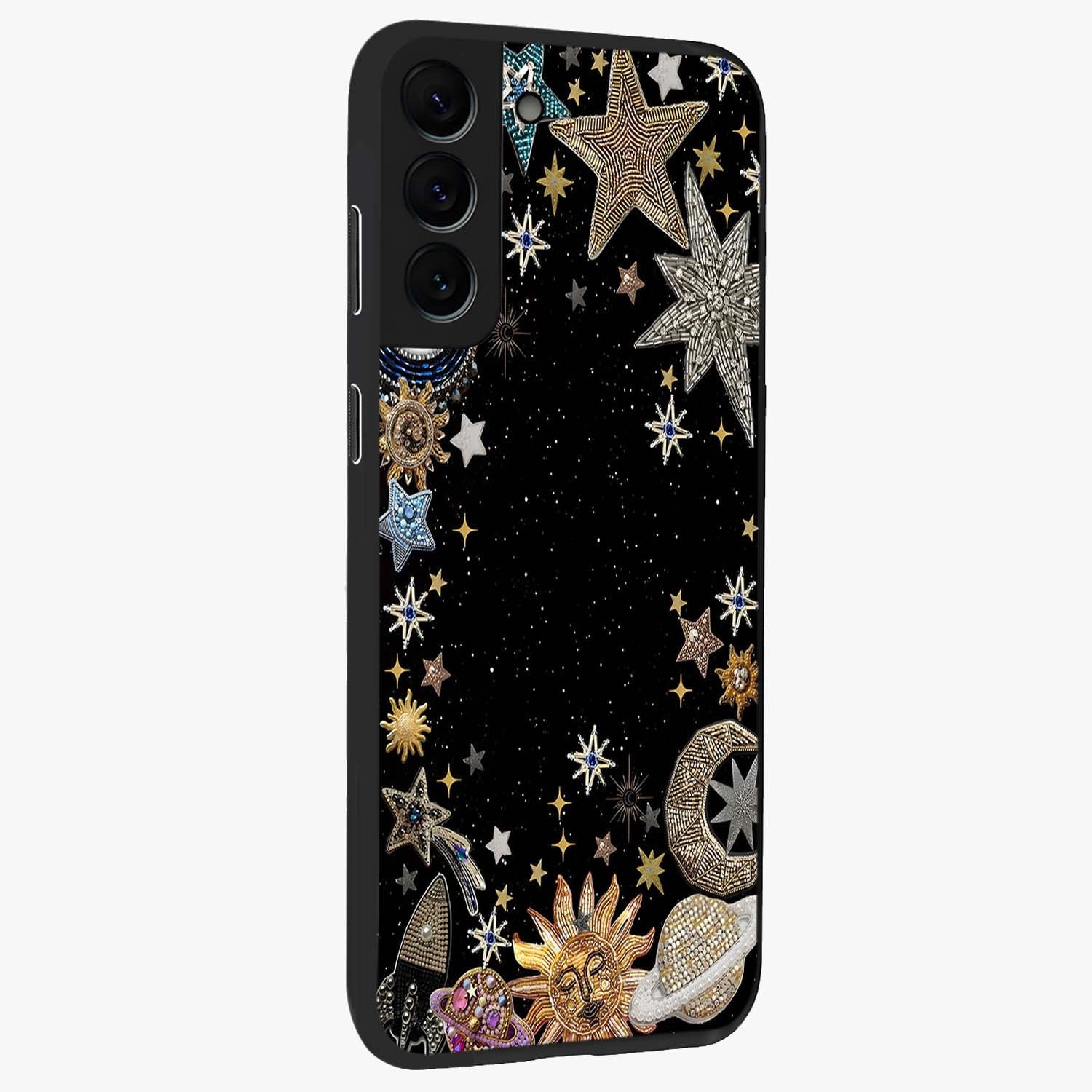 Galactic Jewel Stars Glass Case upright view showcasing glittering star jewel artwork with vibrant galaxy theme.
