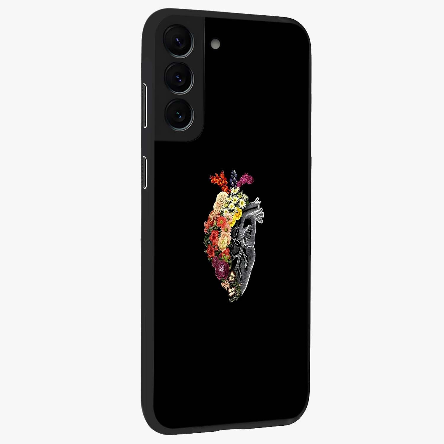 Heart With Flowers Glass Case upright view showcasing decorative heart and floral artwork with sweet romantic theme.