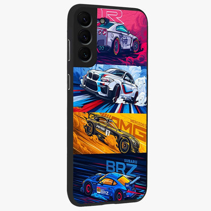JDM Sports Car Glass Case upright view showcasing dynamic sports car artwork with bold racing theme.