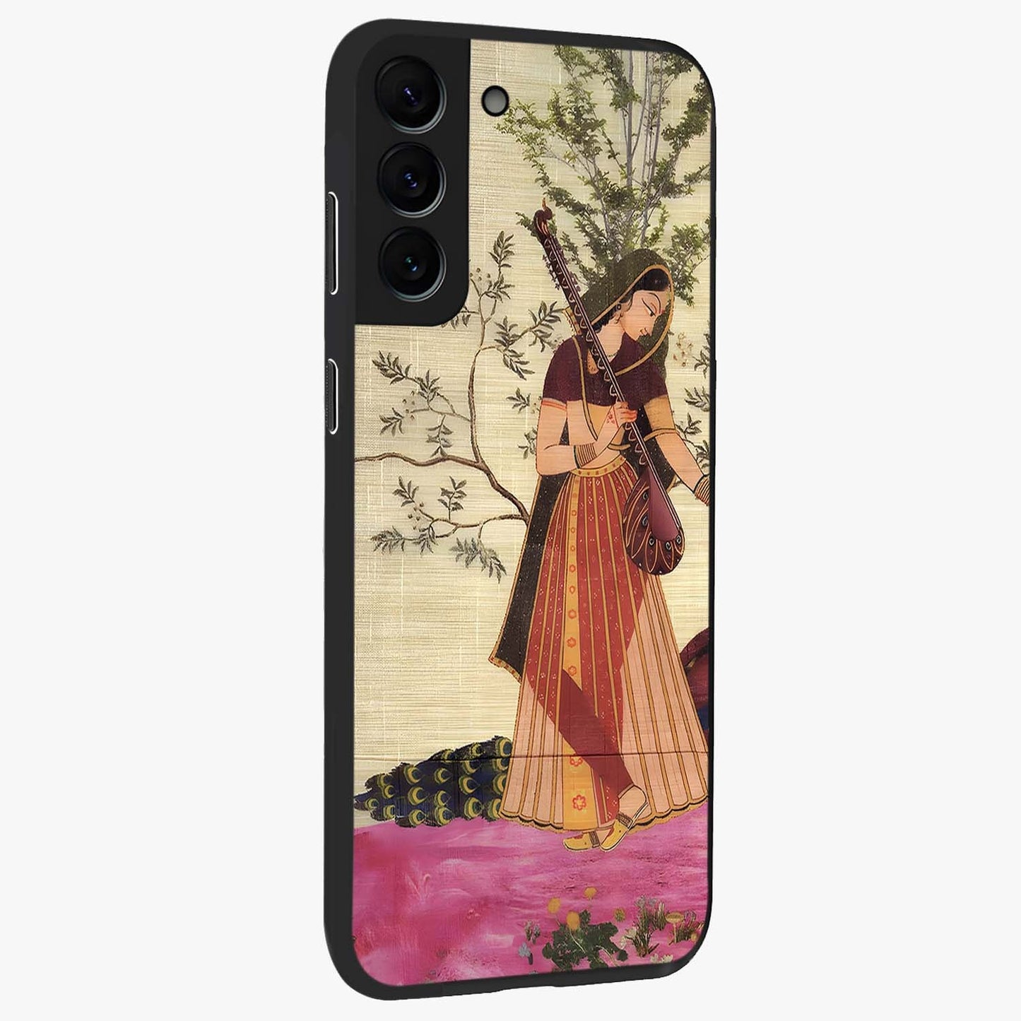 Lady With Veena Art Glass Case upright view showcasing classical veena artwork with traditional artistic theme.