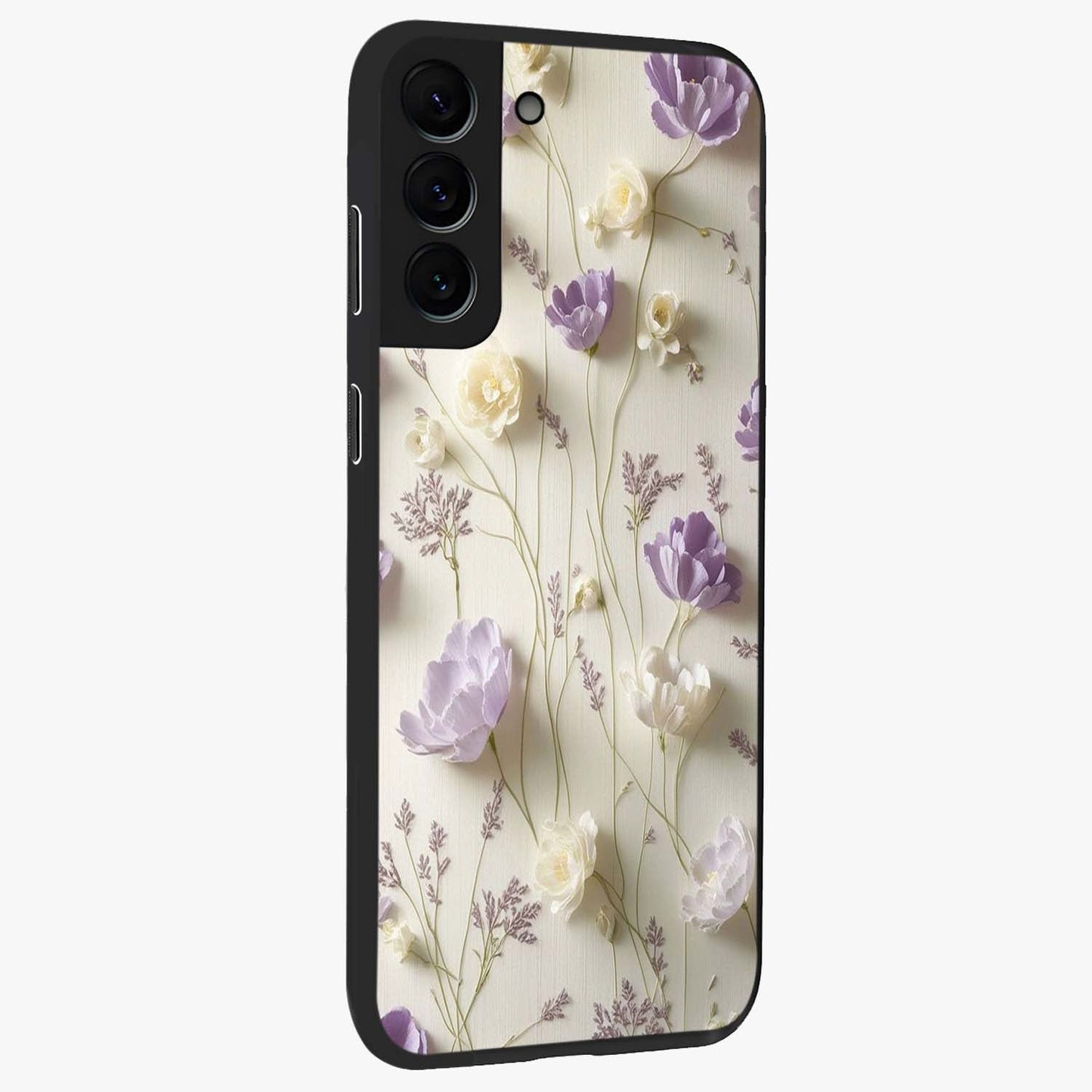 Lilac Breeze Harmony Glass Case upright view showcasing delicate lilac artwork with peaceful floral theme.