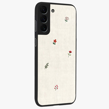 Minimalistic Blue With White Flower Pattern Glass Case upright view showcasing clean white flower artwork with calming blue theme.
