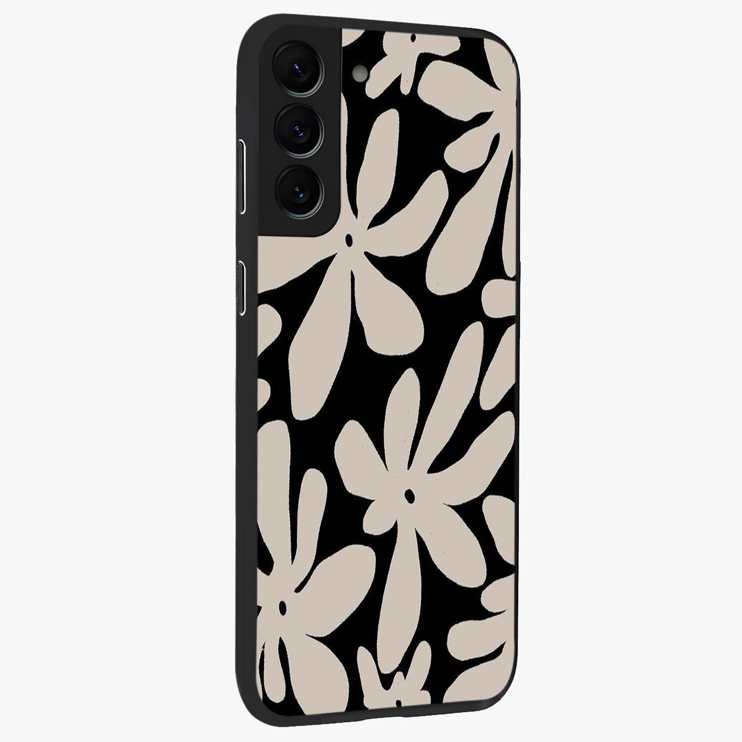 Monochrome Petal Dance Glass Case upright view showcasing artistic floral pattern with stylish monochrome theme.