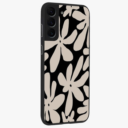 Monochrome Petal Dance Glass Case upright view showcasing artistic floral pattern with stylish monochrome theme.