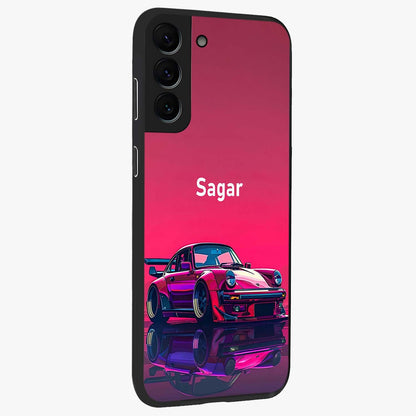 Neon Pink Porsche Glass Case upright view showcasing vibrant sports car artwork with bold automotive theme.