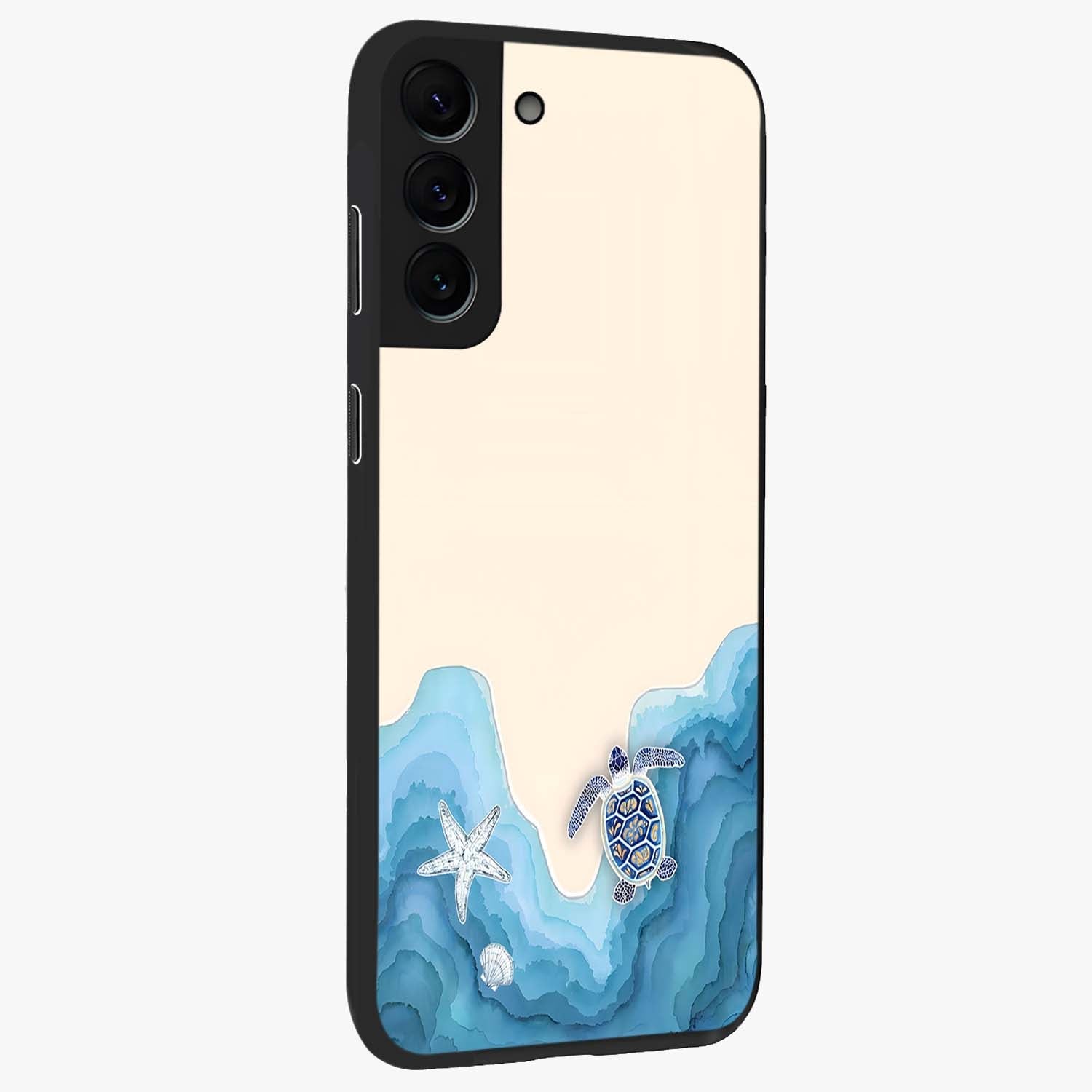 Ocean Drift Turtle Glass Case upright view showcasing calm underwater turtle artwork with nature inspired theme.