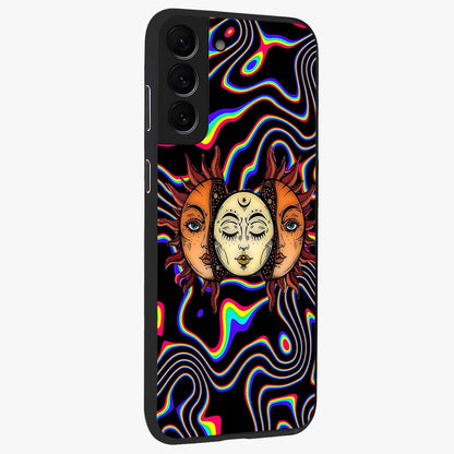 Psychedelic Sun Glass Case upright view showcasing trippy sun artwork with bold psychedelic theme.