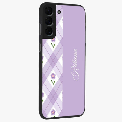 Purple Diamond Floral Glass Case upright view showcasing vibrant floral artwork with stylish geometric theme.