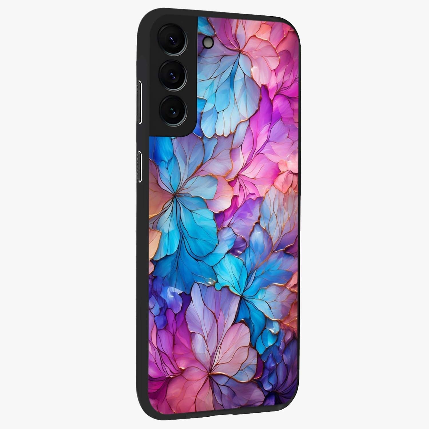Radiant Floral Whirl Glass Case upright view showcasing lively floral artwork with decorative swirl theme.