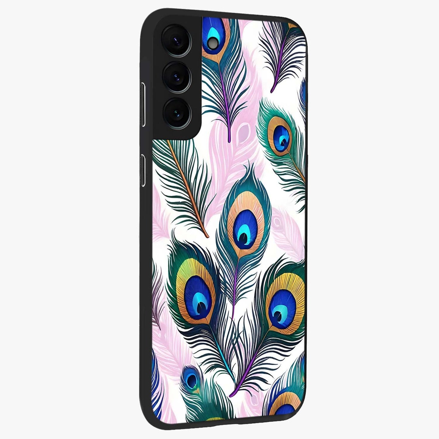 Royal Peacock Feathers Glass Case upright view showcasing elegant peacock feather artwork with decorative royal theme.